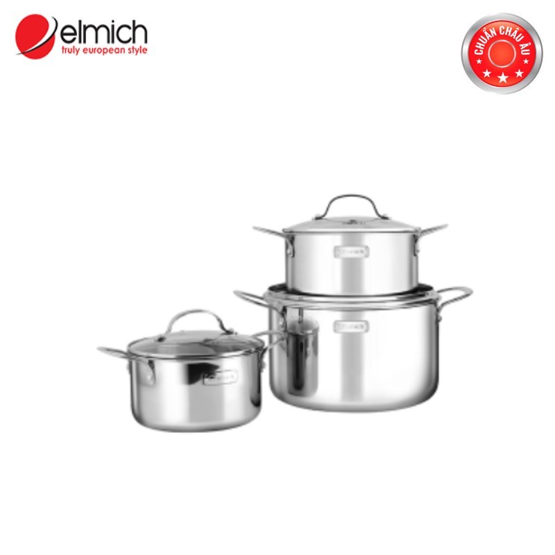 [LIFEMCMBP4 -12% đơn 250K] Bộ nồi inox 3 lớp đáy liền Elmich 2103OL size 18,20,26cm