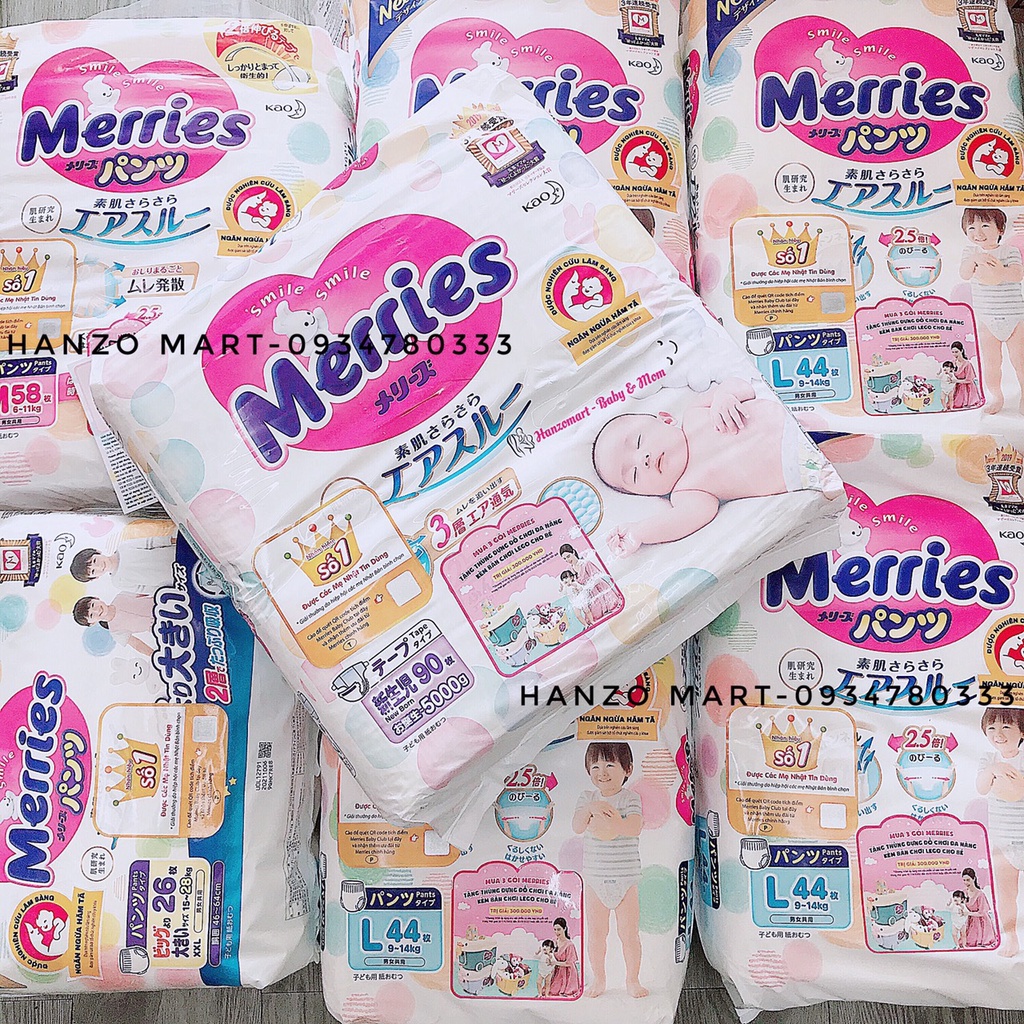 Bỉm Merries Dán/Quần Nội Địa Nhật Tiêu Chuẩn (Date Mới) NB90/ S82/ M64/ L54/ M58/ L44/ XL38/ XXL26