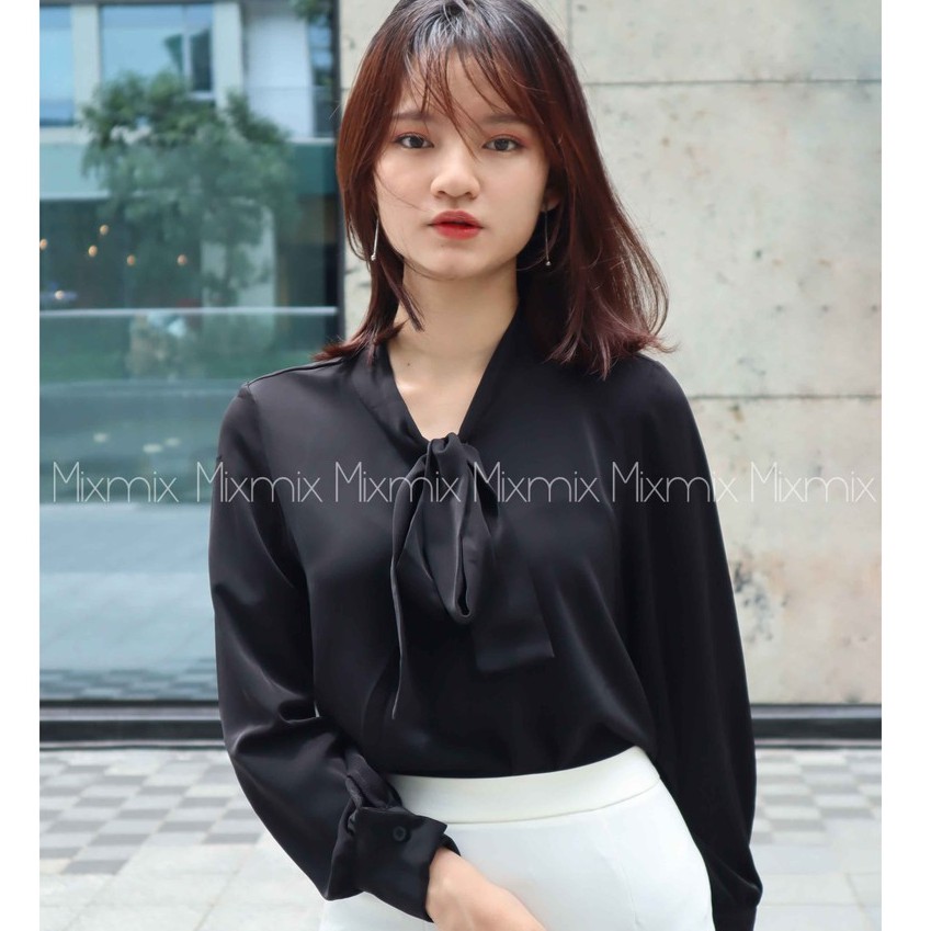 Áo sơ mi cột nơ màu đen - MIXMIX - Hàng thiết kế - Hình chụp thật