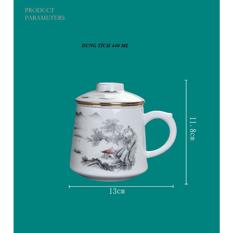 Ly cốc sứ pha trà có lõi lọc và nắp đậy dung tích 440 ml