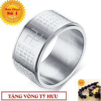 Nhẫn xoay BÁT NHÃ TÂM KINH khắc chữ VẠN không đen xoay 360 độ - Phong Thủy Titan ( BẠC ) - Tặng vòng tỳ hưu