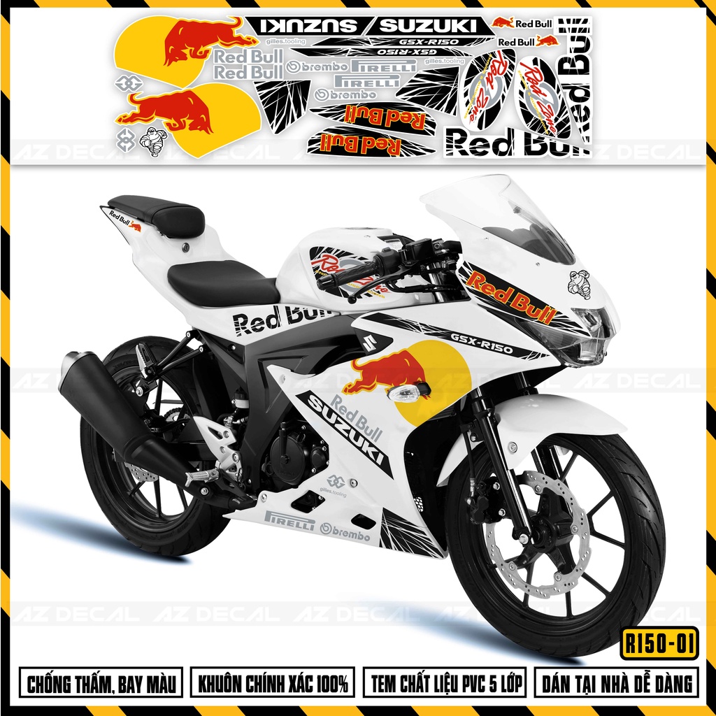 Tem Xe GSX R150 Mẫu Red Bull | GSX R150-01 | Decal Rời Cao Cấp Cắt Sẵn Dễ Dán Cho Xe Màu Đen, Trắng, Đỏ, Xanh
