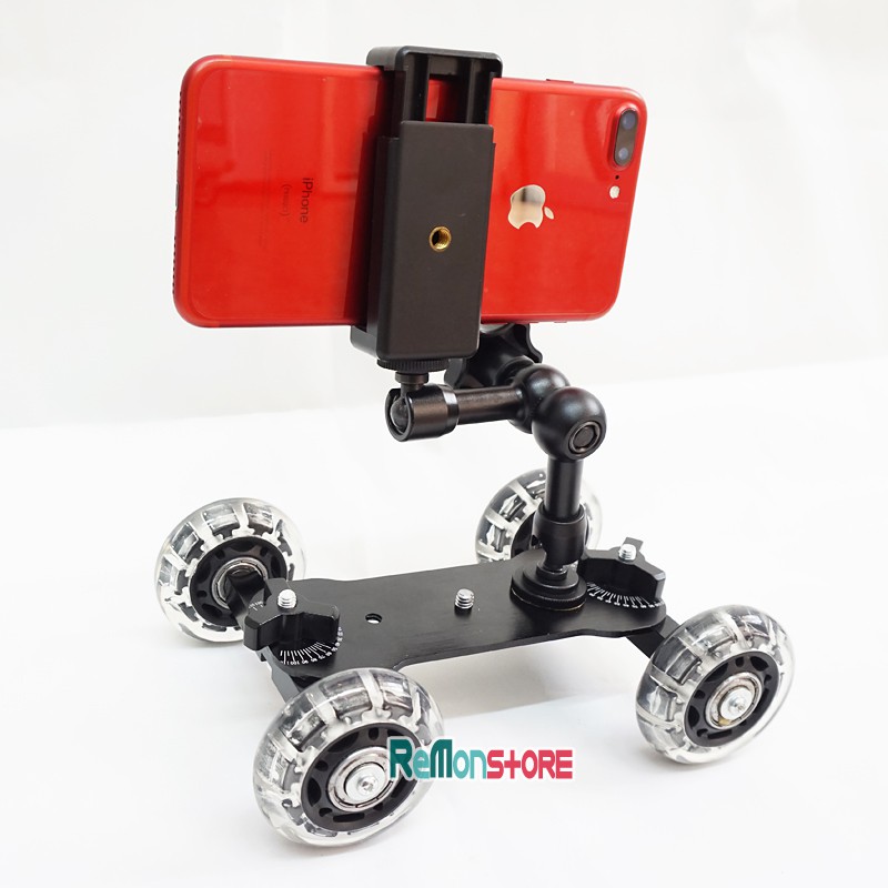 Bánh xe dolly quay phim và Magic arm 7inch kèm kẹp điện thoại 2 chiều