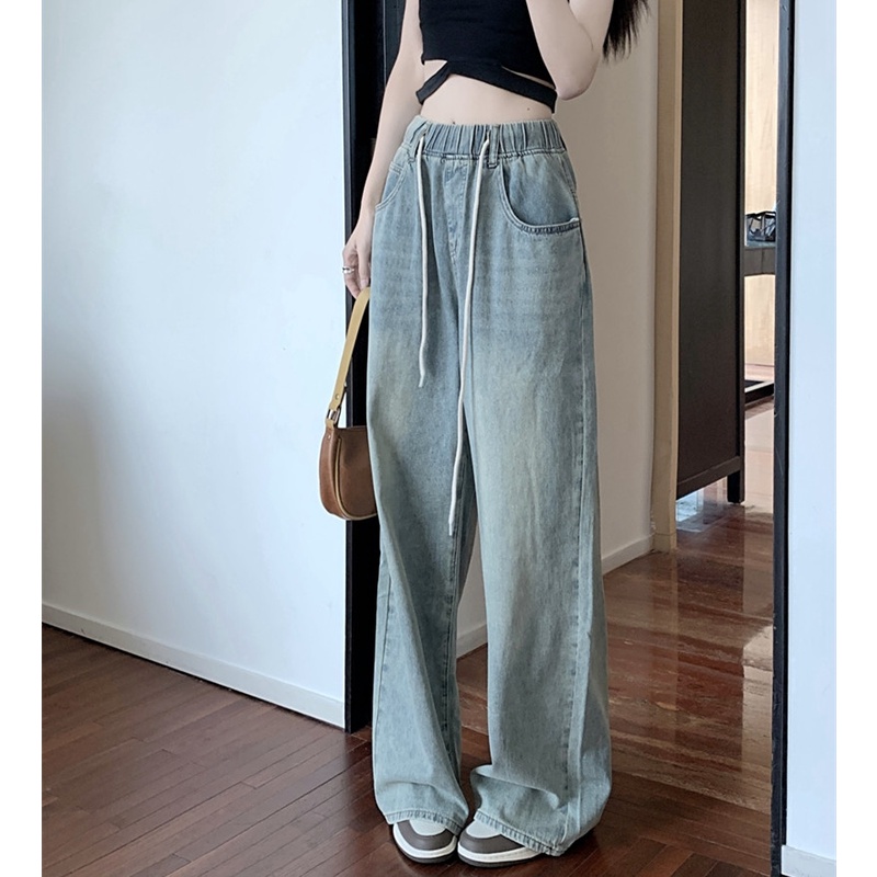 Quần Jean Nữ Ống Rộng Lưng Cao Co Dãn Tốt Hợp Thời Trang