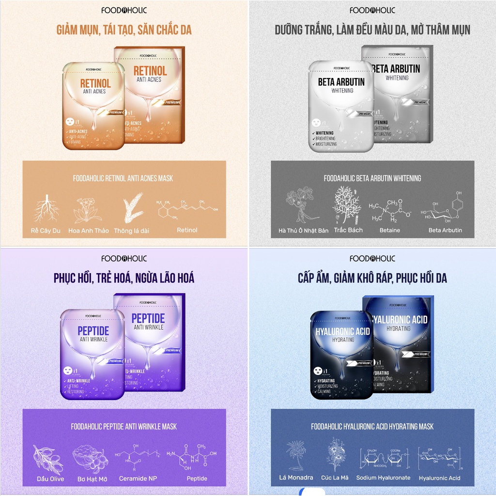 Mặt Nạ Hoạt Chất Vàng Retinol, Peptide, Hyaluronic Acid, Beta Arbutin Premium Foodaholic 23ml