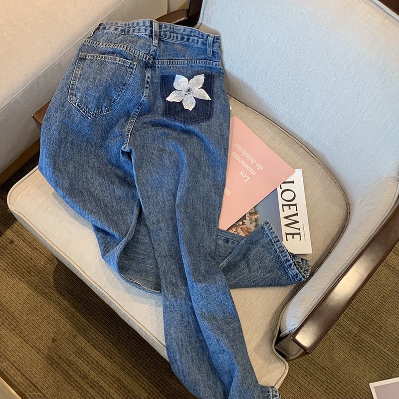 Quần Jeans Nữ Lưng Cao Ống Rộng Họa Tiết Hoa Mẫu Mới