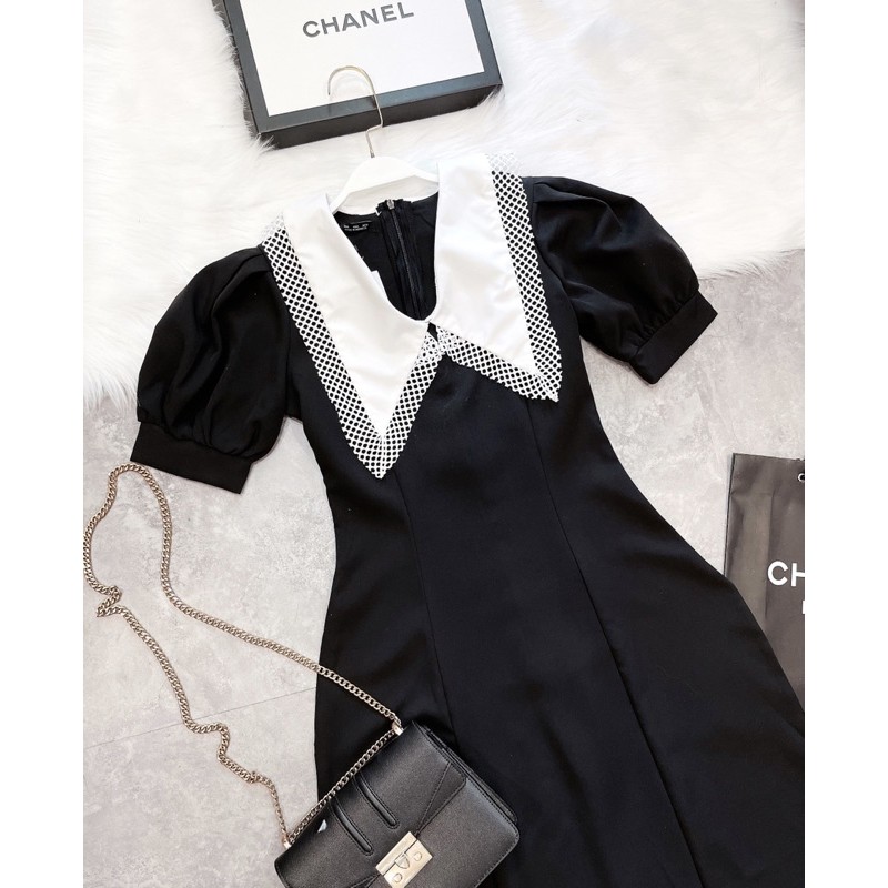 VNU276 - VÁY ĐEN XOÈ PHỐI CỔ TRẮNG VIỀN REN | BigBuy360 - bigbuy360.vn