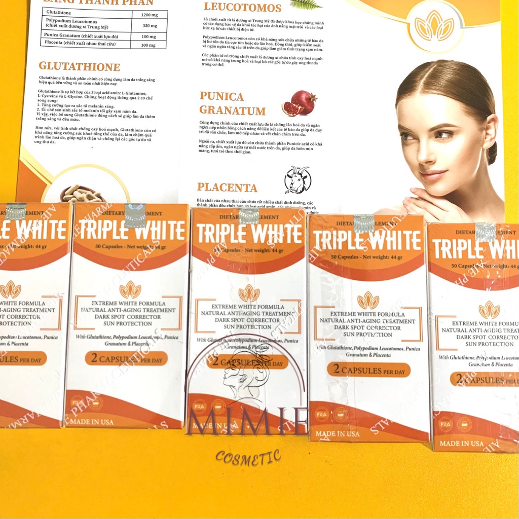 [CHÍNH HÃNG] VIÊN UỐNG TRIPLE WHITE - VIÊN UỐNG GLUTATHION 1200MG TRẮNG DA, MỜ NÁM, GIẢM THÂM HỘP 50 VIÊN