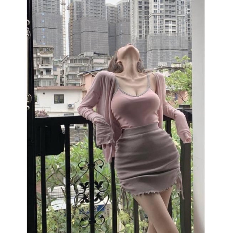 Set áo kiểu hai dây thun trơn kèm áo khoác cardigan tay dài mỏng và chân váy ngắn ôm body thun co dãn - Order taobao