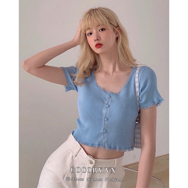 Cocory vn Áo Croptop Dệt Kim Tay Ngắn Phối Ren Phong Cách Hàn Quốc 5 Màu Tùy Chọn