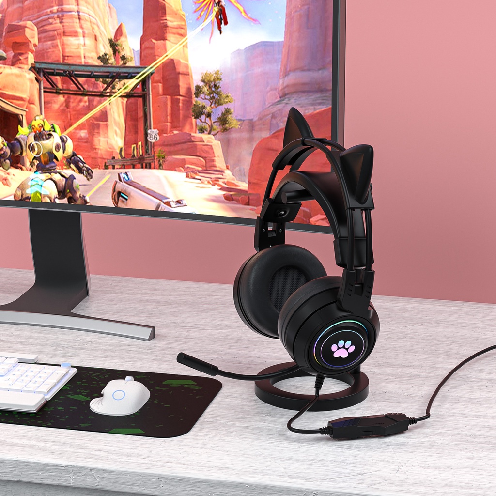 Tai nghe gaming Pulierde G25 dạ quang tai mèo có dây tích hợp mic giảm ồn