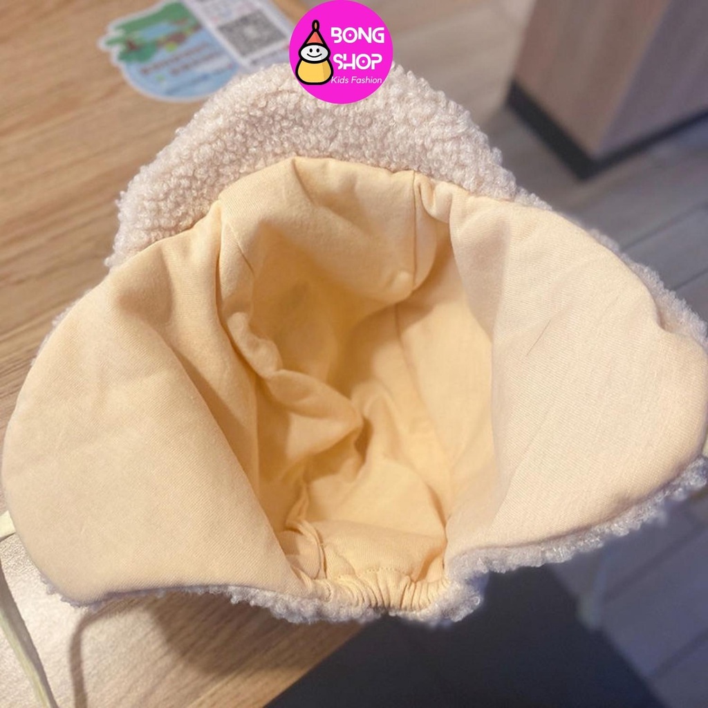 Mũ lông cừu cho bé kèm dây buộc thêu chữ P cho bé 1-3T