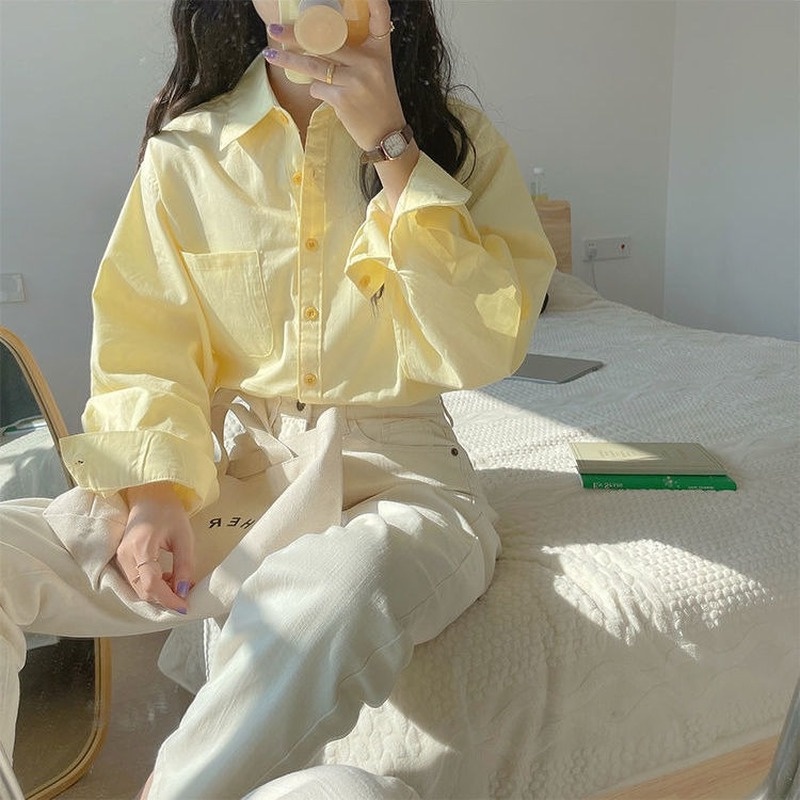 Áo Sơ Mi Nữ Tay Dài Màu Vàng Sữa Thời Trang Xuân Hè Hàng Mới Cao Cấp