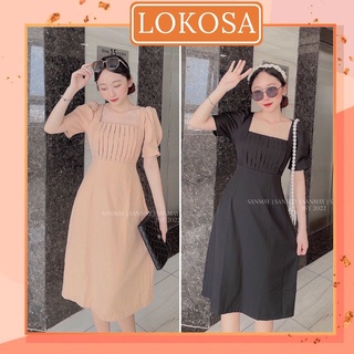 Váy công sở LOKOSA Đầm công chúa xếp ly cổ dáng suông tay phồng váy dự tiệc di chơi sang trọng trẻ trung VD017