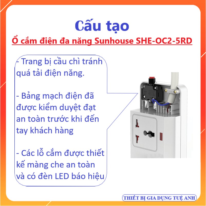 Ổ cắm điện đa năng Sunhouse SHE-OC2-5RD - Ổ cắm điện 5 lỗ - Dây dài 4,5m, có công tắc bật tắt riêng cho từng vị trí