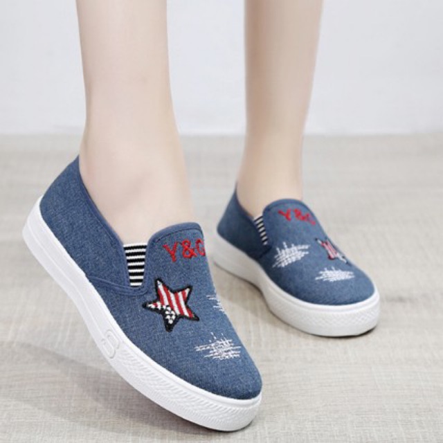 Giày slip on vải cute màu xanh êm chân