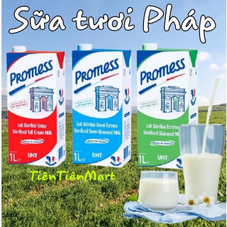 PHÚ NHUẬN-Thùng 6 Hộp Loại 1 Lít Sữa Tươi Nguyên Kem - Ít Béo - Không Béo PROMESS không đường Nhập Khẩu Pháp.