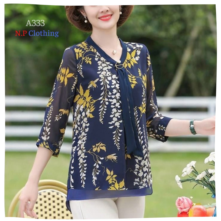 ❣️Có Big Size❣️Áo Kiểu Trung Niên Phối Họa Tiết Sang Trọng Đi Tiệc Cho Mẹ U50-80