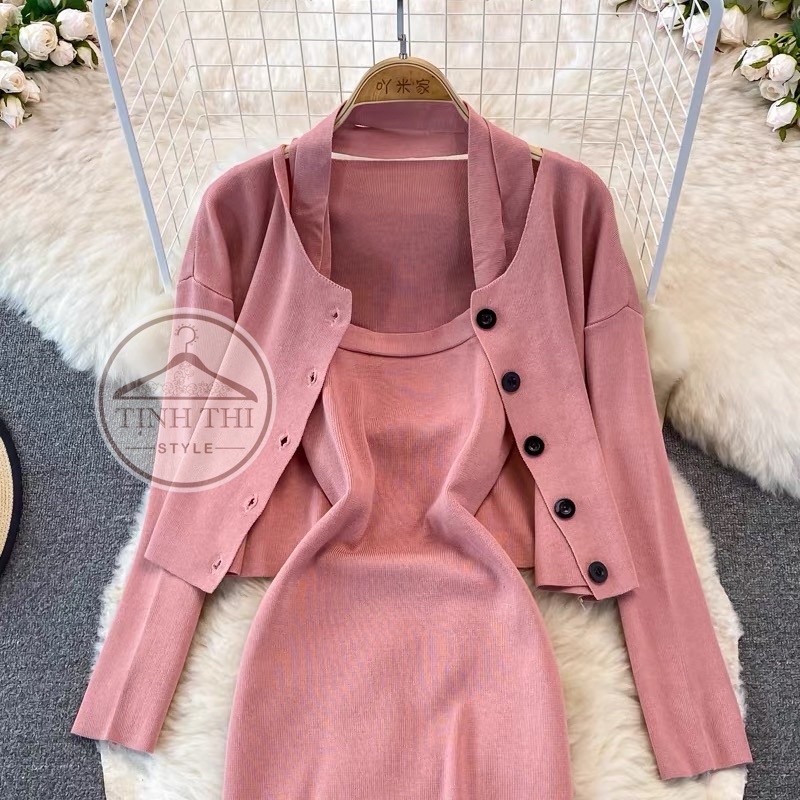 Đầm cổ yếm dây cổ kèm khoác, Set đầm len kèm khoác tay dài phối dây nơ phía sau