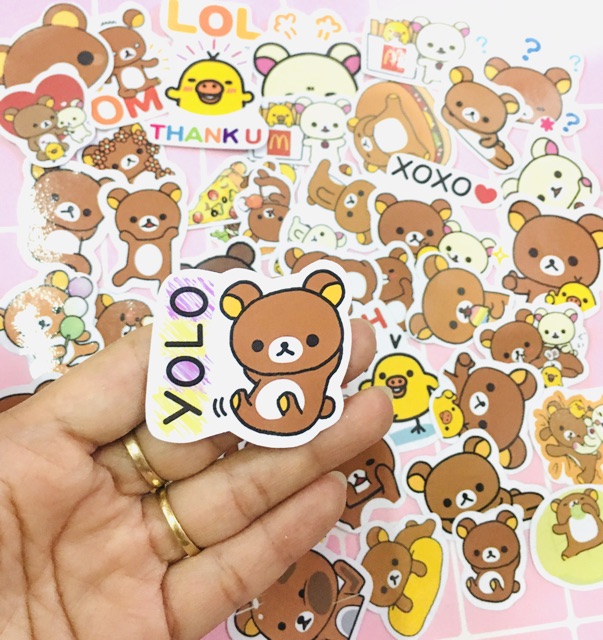 Set 30-50 sticker gấu rilakkuma ép lụa/ hình dán emoji rilakkuma