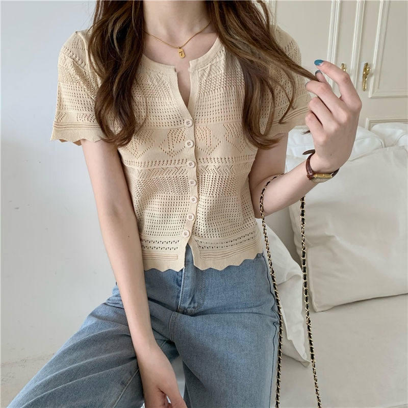 Áo Cardigan Dệt Kim Mỏng Tay Ngắn Màu Trắng Đơn Giản Trẻ Trung