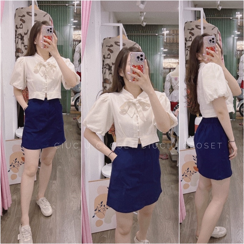 [Set Nanu] Set Áo Crop Thắt Nơ Tay Bồng Kèm Chân Váy Xanh NaVy (SẴN)