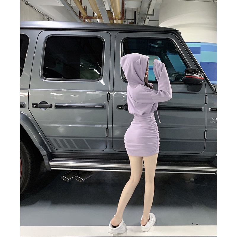 Đầm thun dài tay có nón dễ thương, đầm body nhún chất thun co giãn