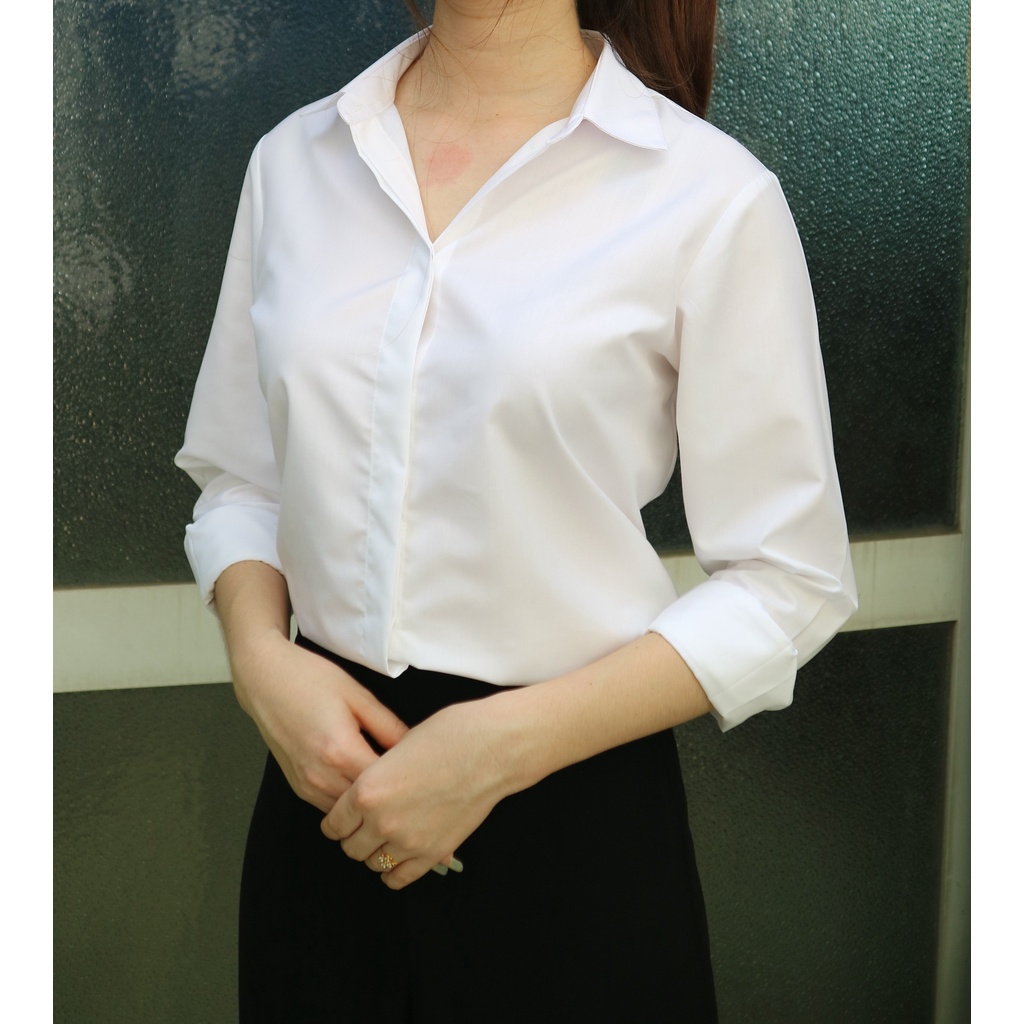 Áo Sơ Mi Trắng Nữ, Không Nhăn, Giấu Nút, Tay Dài Có Bigsize, Sơ Mi Trắng, Công Sở Chất Vải Kate Mỹ Form Suông