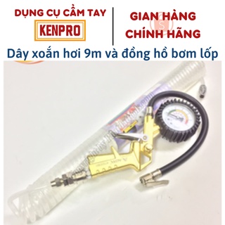 Combo Dây xoắn hơi 9m và đồng hồ bơm lốp Đài Loan