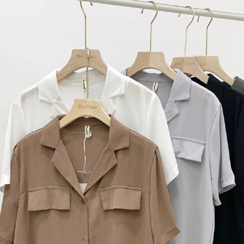 Áo sơ mi voan trơn cổ vest cộc tay túi giả, chất mát - ảnh thật hàng có sẵn