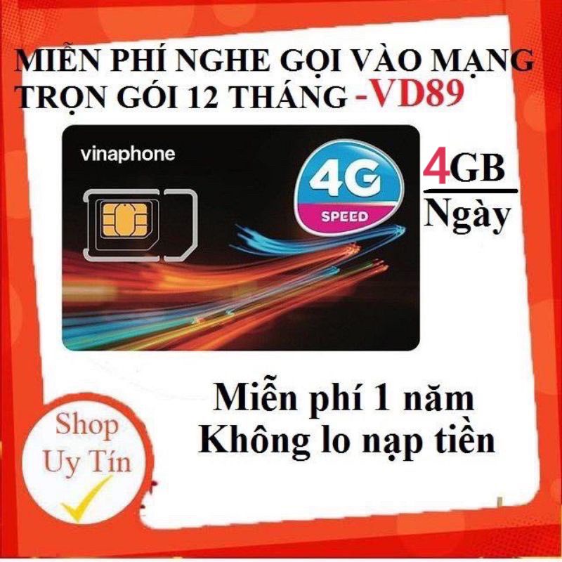 (Xả kho) Sim Vina 4G VD89 4G/ngày, 50p ngoại mạng/tháng, miễn phí 1 năm ko phải nạp tiền