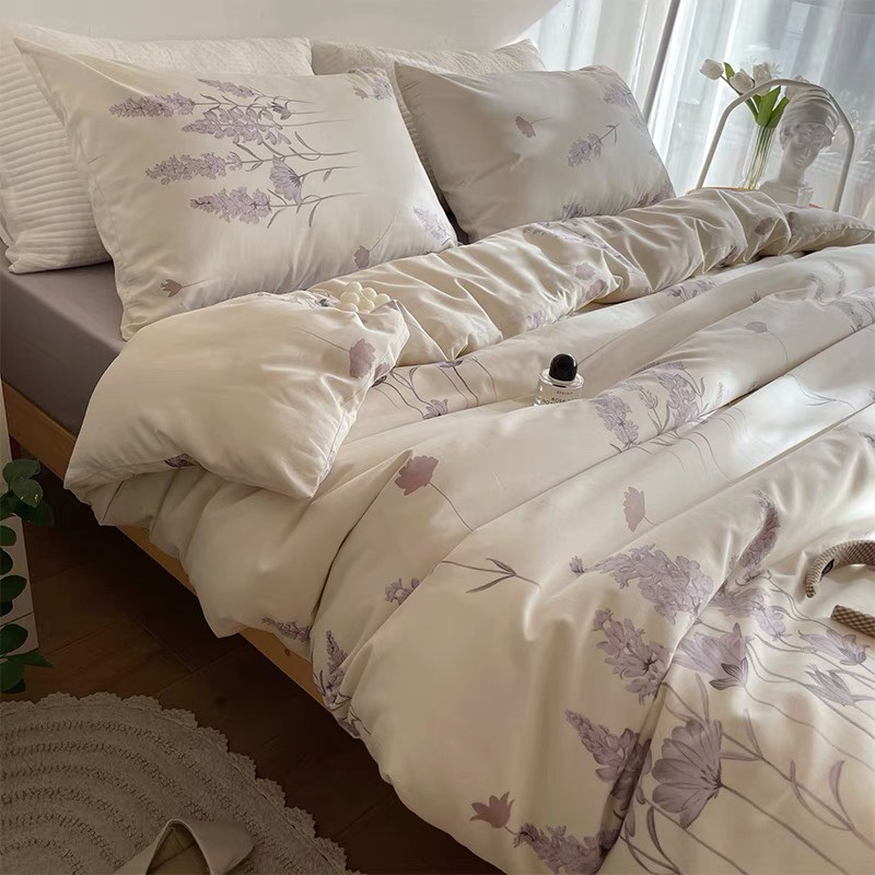 Chăn Ga Gối Cotton Living 💝 FREESHIP 💝 Bộ Chăn Ga Cotton 100% " CỎ LAU TÍM " nhập khẩu 4 món