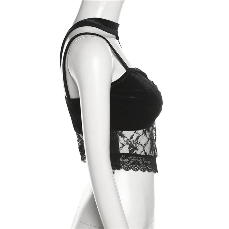 Brroa Áo Crop Top Không Tay Có Vòng Choker Gợi Cảm Bằng Nhung Viền Ren Mỏng Vừa Vặn Phong Cách Gothic Harajuku Quyến Rũ Cho Nữ