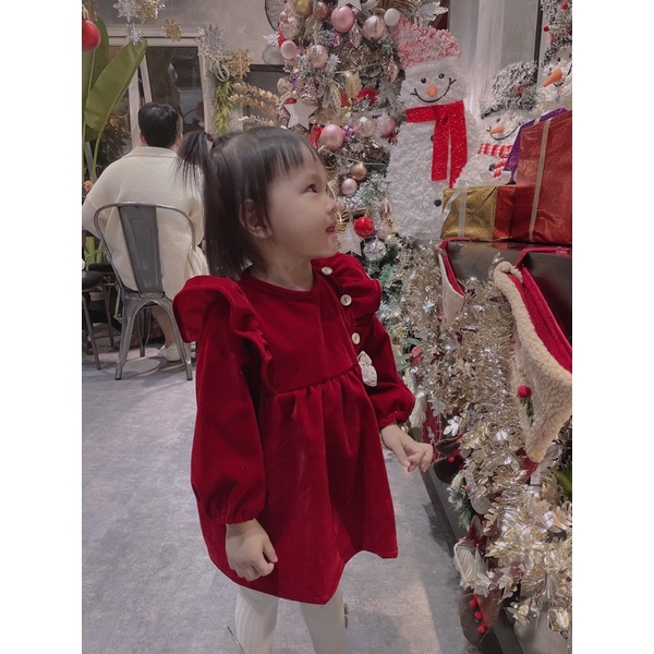 Hàng Thiết Kế- Ảnh con gái shop - Váy nhung đỏ diện Tết - Noel cho bé gái 6m - 7 tuổi