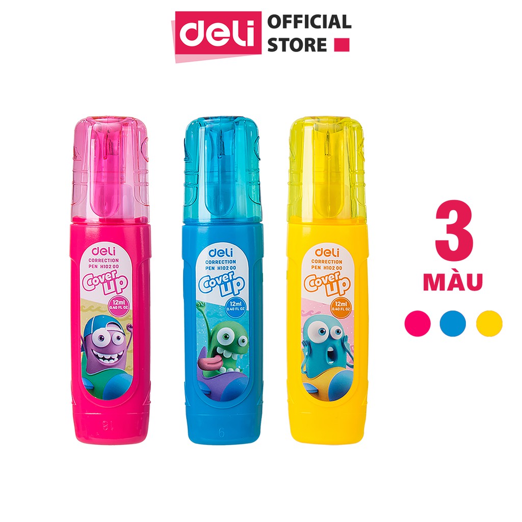 Bút xoá nước 12ml Deli - Hồng, xanh, vàng - 1 cái - Thiết kế dạng rút nắp, hỏ gọn, phù hợp với học sinh, dân văn phòng