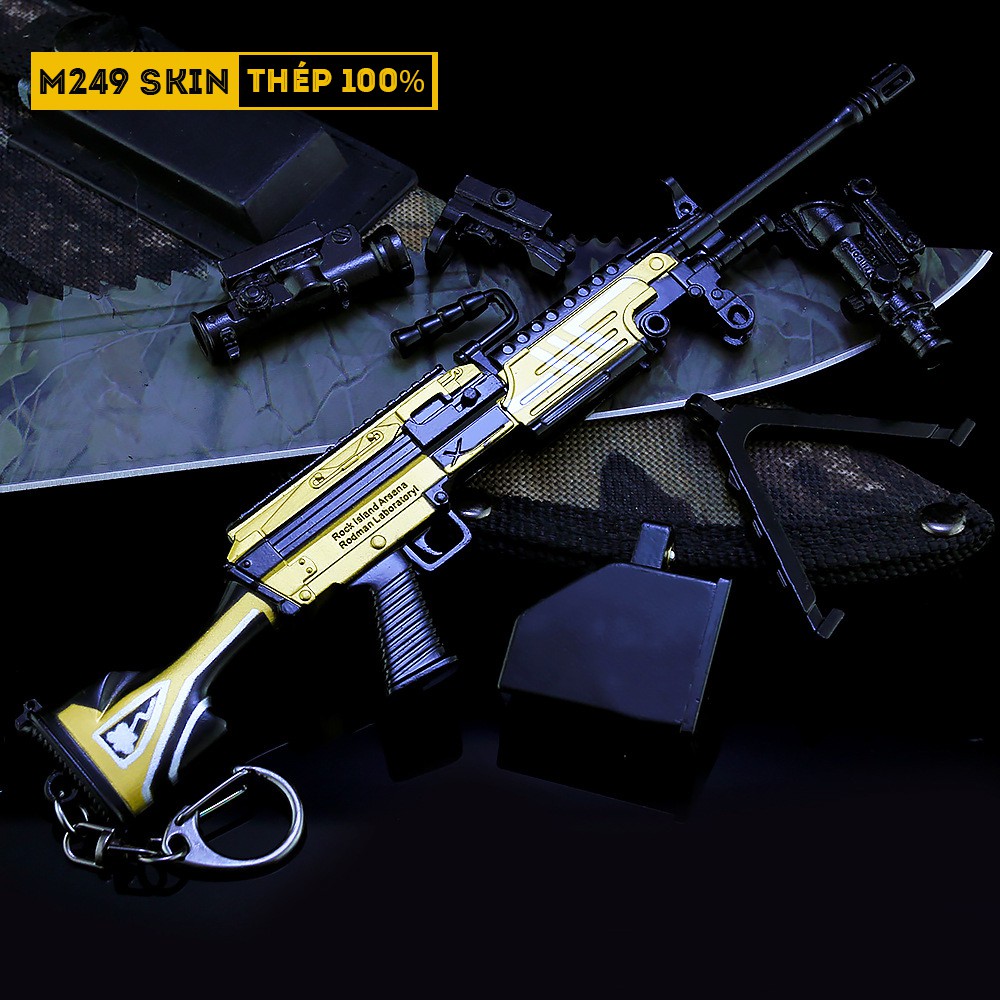 Mô Hình PUBG M249 Skin Black Gold Tặng Kèm 3 Scope Và Kệ Trưng Bày 19cm