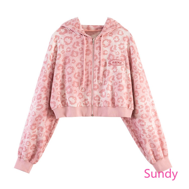 Áo Hoodie Tay Dài Dáng Rộng In Họa Tiết Da Báo Màu Hồng Kiểu Hàn Quốc Thời Trang Mùa Thu Cho Bạn Gái