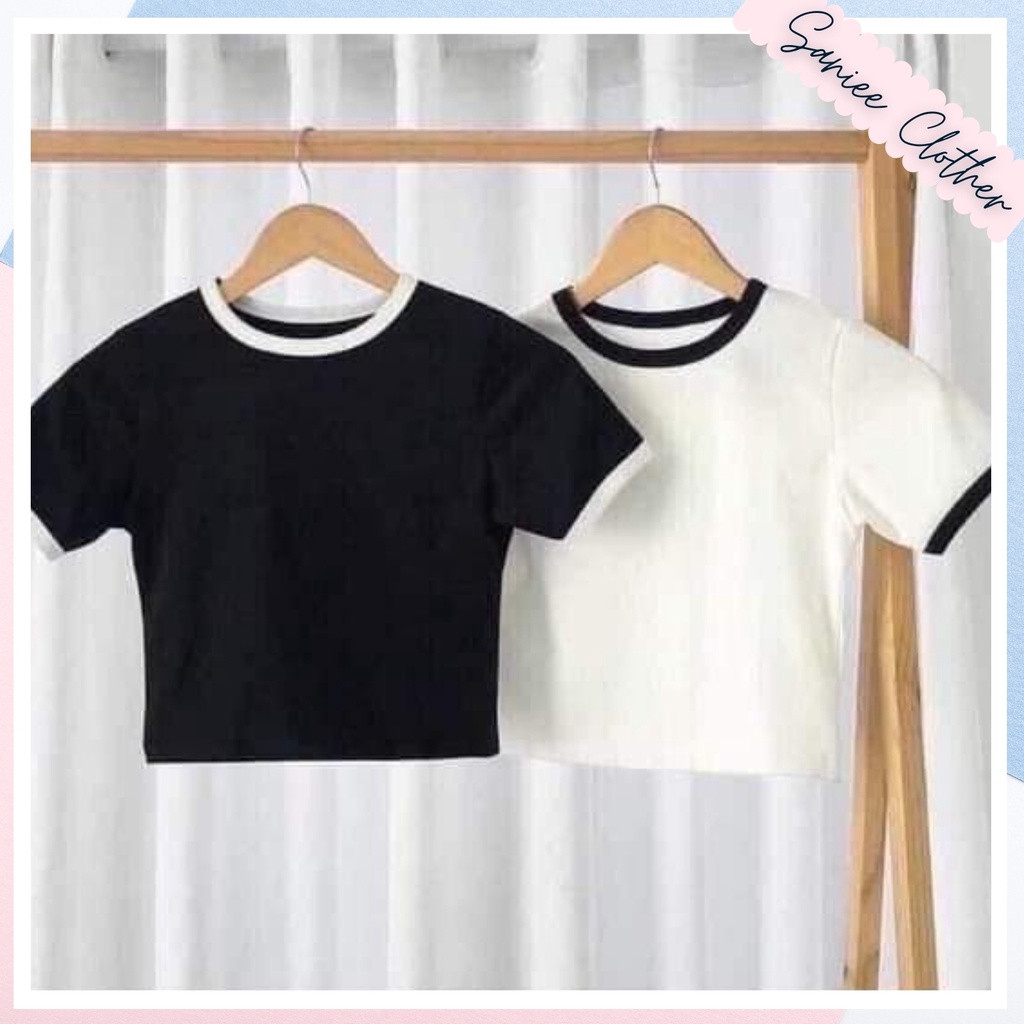 Áo Thun Croptop Nữ Cổ Tròn Phối Viền Đen Trắng Saniee Clother