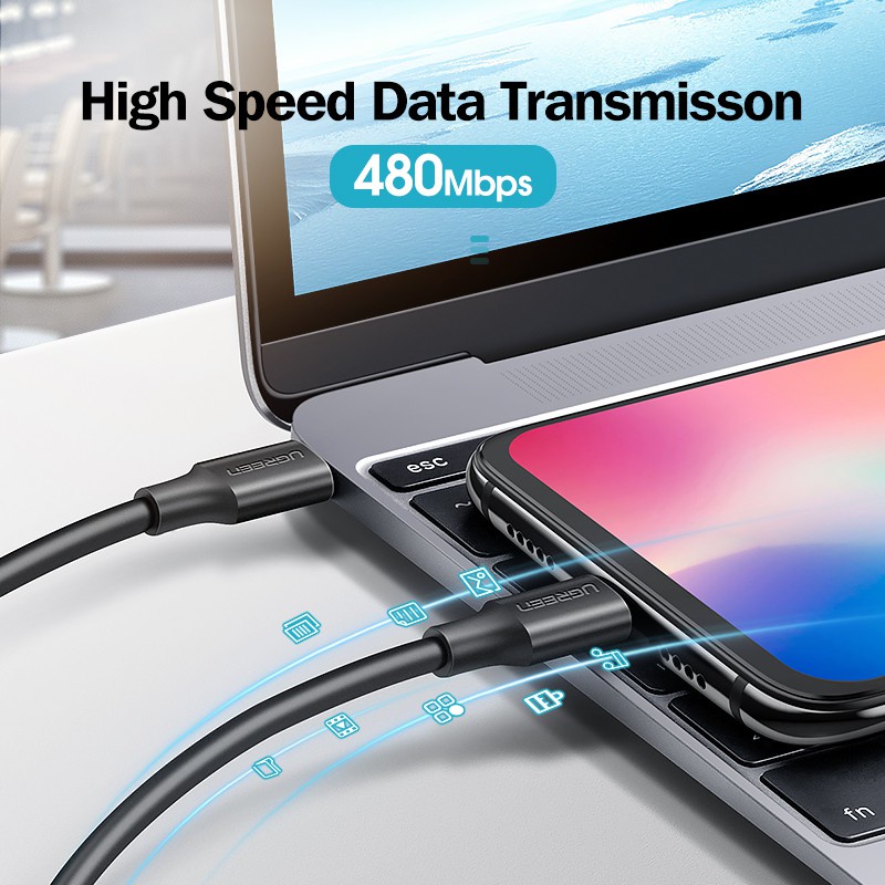Dây cáp UGREEN chuyển đổi từ USB C sang USB Type-C PD60W QC-4.0 cho điện thoại Macbook