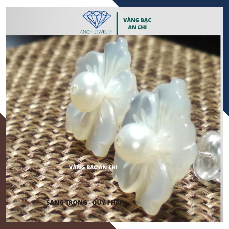Bông tai nụ trai hình hoa mai trắng ánh hồng, chuẩn bạc ý 925 cao cấp, Anchi jewelry