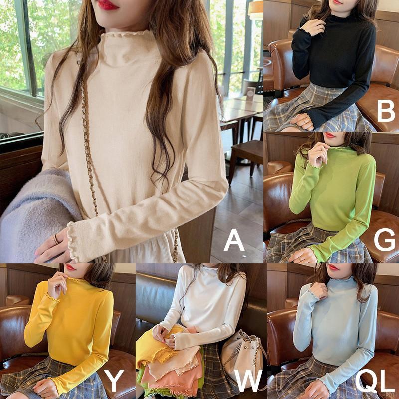 Áo Thun Nữ Tay Dài Cổ Cao Màu Trơn Thời Trang