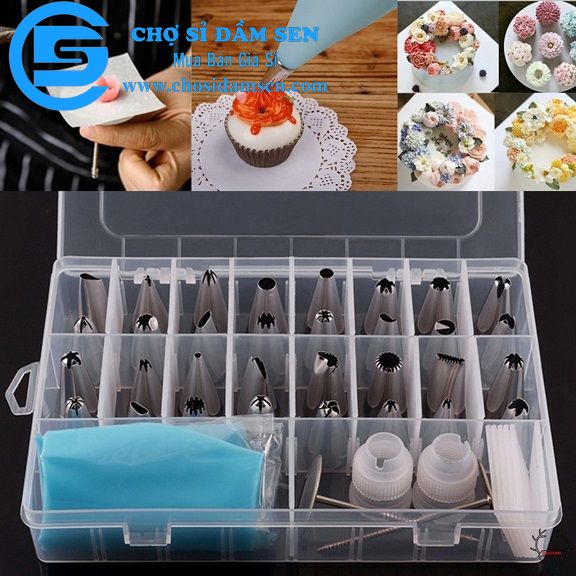 Hộp 32 đui bắt bông kem kèm chốt và túi đựng kem trang trí bánh G223-BatKemLL