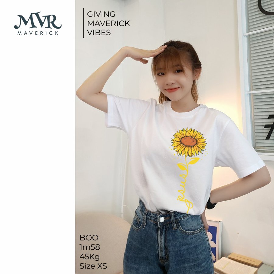 Áo thun nữ hoa hướng dương dã quỳ chữ Jesus Thiên Chúa Cotton thoáng ngày làm vườn dễ thương MVR KK3882