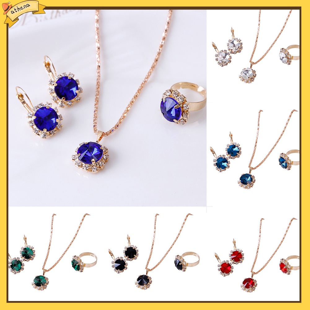 Set trang sức gồm dây chuyền/ nhẫn/ cặp bông tai mặt đá thạch anh dành cho nữ