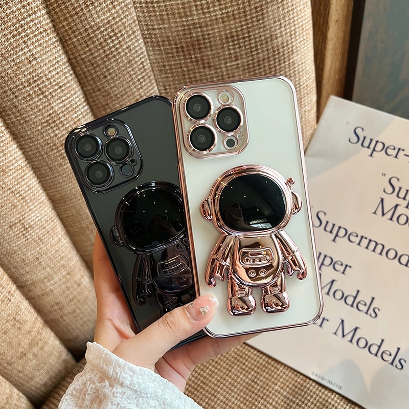 Ốp Điện Thoại Dẻo Họa Tiết Phi Hành Gia Kèm Giá Đỡ Đứng Cho iPhone 14 13 12 11 Pro Max 14Plus XS XR X 7 8 Plus SE