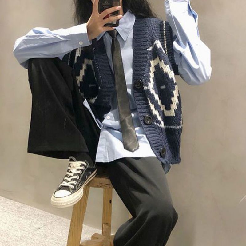 Set Áo Sơ Mi Tay Dài + Áo Khoác Len Không Tay Cổ Chữ V Thời Trang Cho Nữ