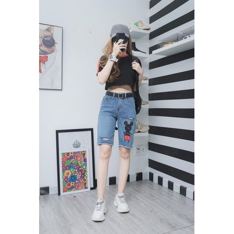 Quần jean ngố nữ, quần lửng hình chuột Mickey cực ngầu AnNgo - AT10B