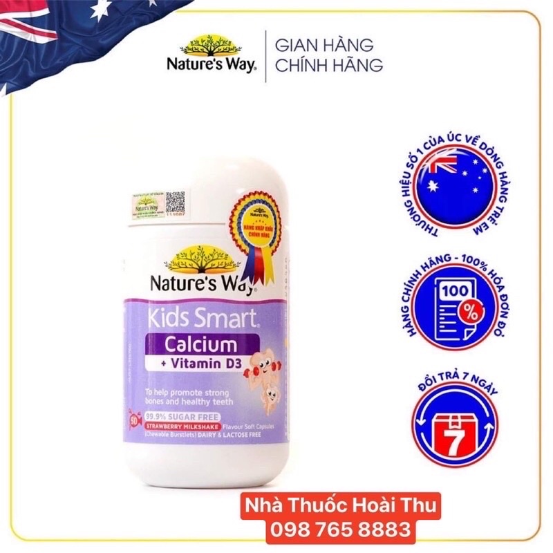 [Chính Hãng ] Viên nhai Nature's Way Kids Smart Calcium + Vitamin D3 - Giúp bé phát triển chiều cao.