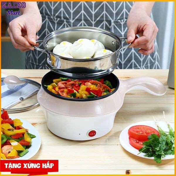 Nồi lẩu điện mini nấu mì 2 tầng kèm giá hấp đa năng nướng, luộc, chiên