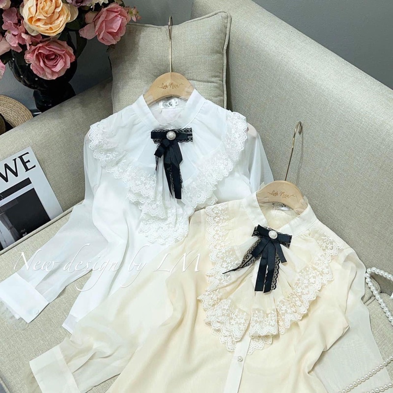 [Mã FAMARAL1 giảm 10K đơn 50K] Áo SƠ MI nữ CỔ REN TIỂU THƯ phối nơ m114